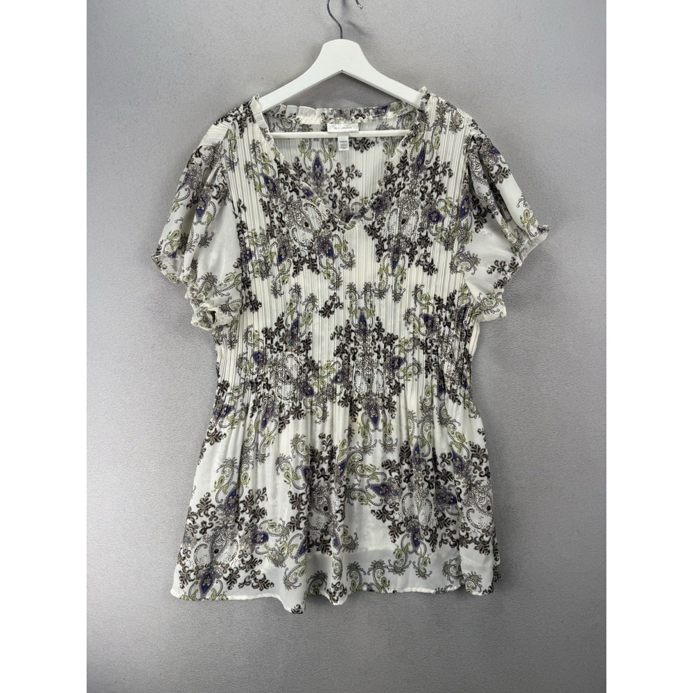 Dressbarn Womens 22/24 Plus Tunic Top Paisley Pleated Short Sleeve Boho Cream